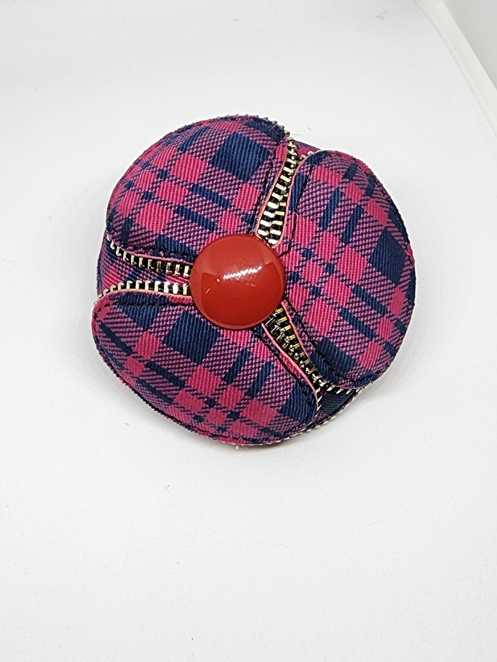 Marc Jacobs Vintage Pink and Navy Plaid Fabric Flower Zipper Brooch Leather Back